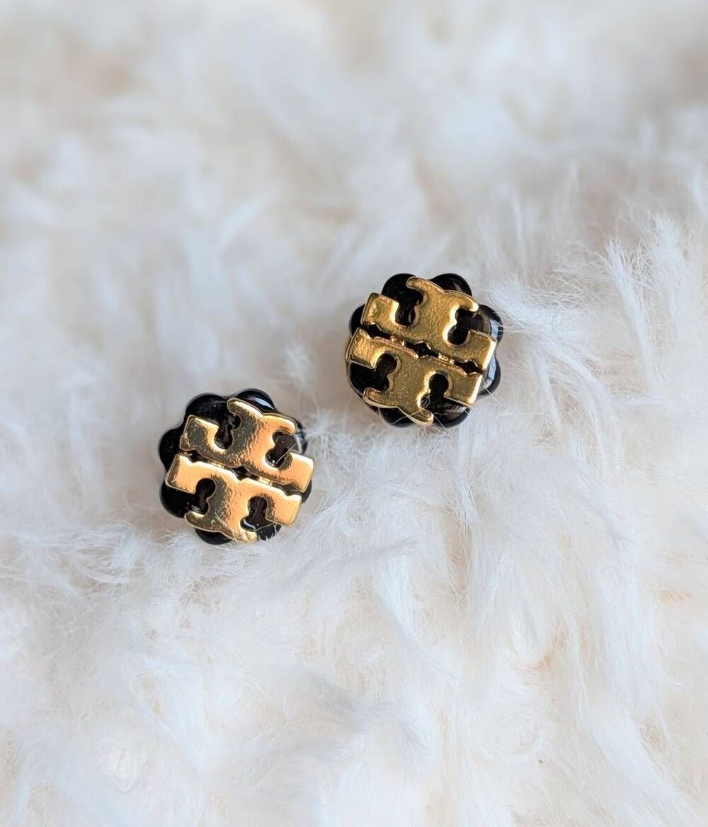 Tory Burch Gold Black Double T Logo Flower Stud Earrings